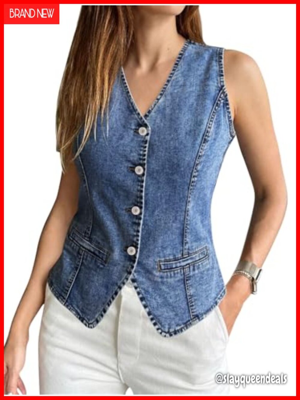 Women's Denim Vest Sleeveless Button Down Stretchy Slim Fit Split Hem Summer